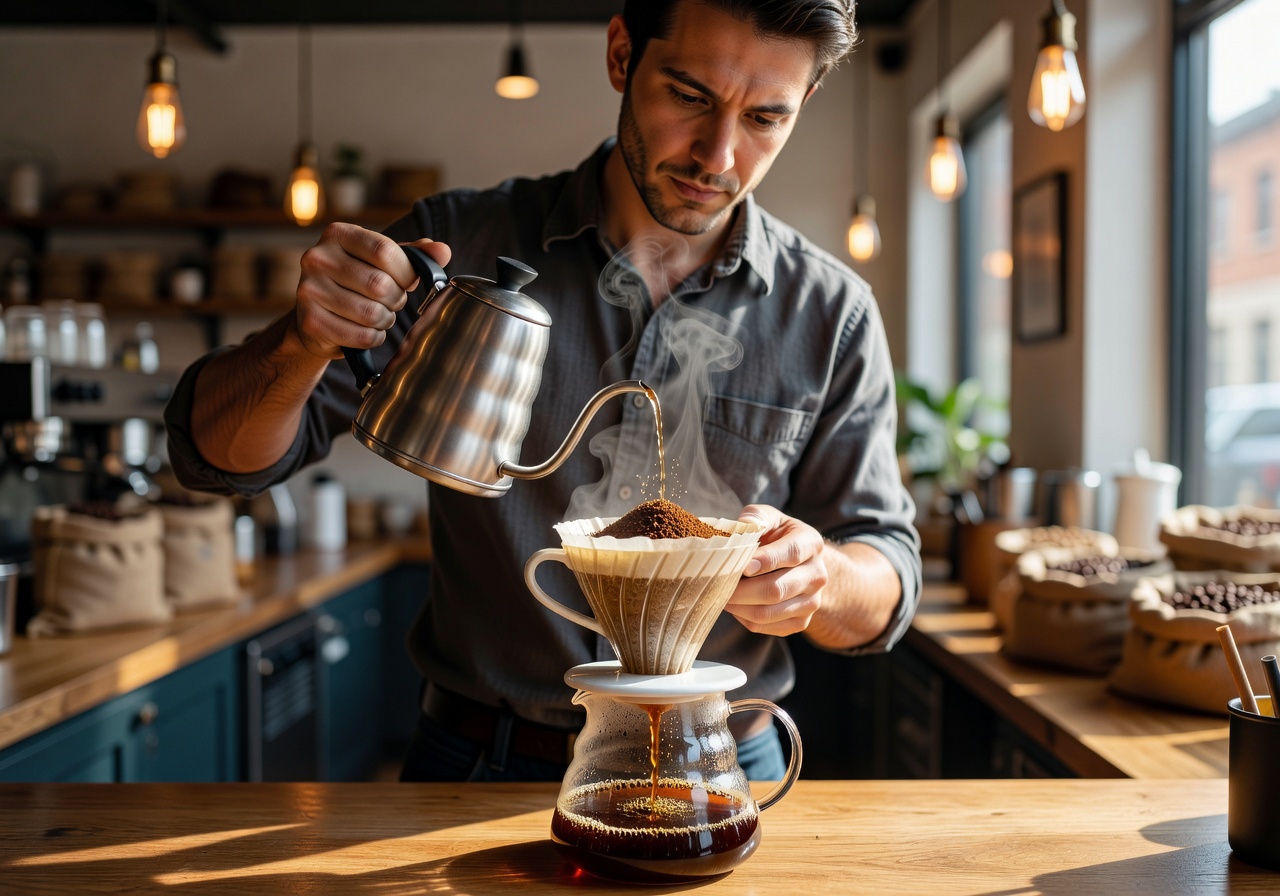 Barista pouring water over coffee grounds