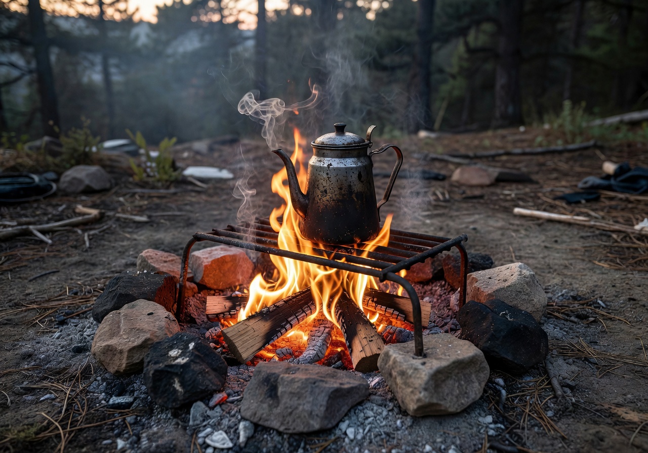 Coffee brewing over an open fire pit