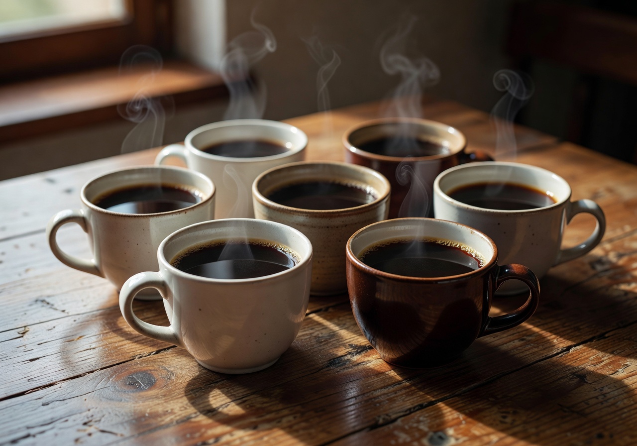 Cups of black coffee on a wooden table