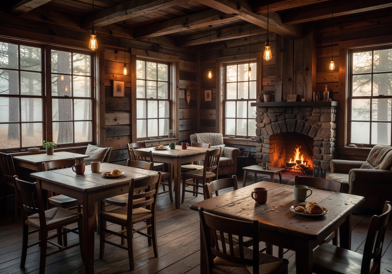 Forest cabin cafe surrounded by green nature