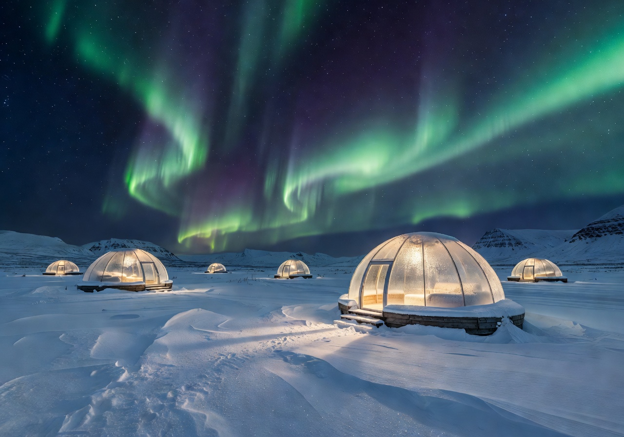 Glass igloos glowing warmly in the snowy arctic night