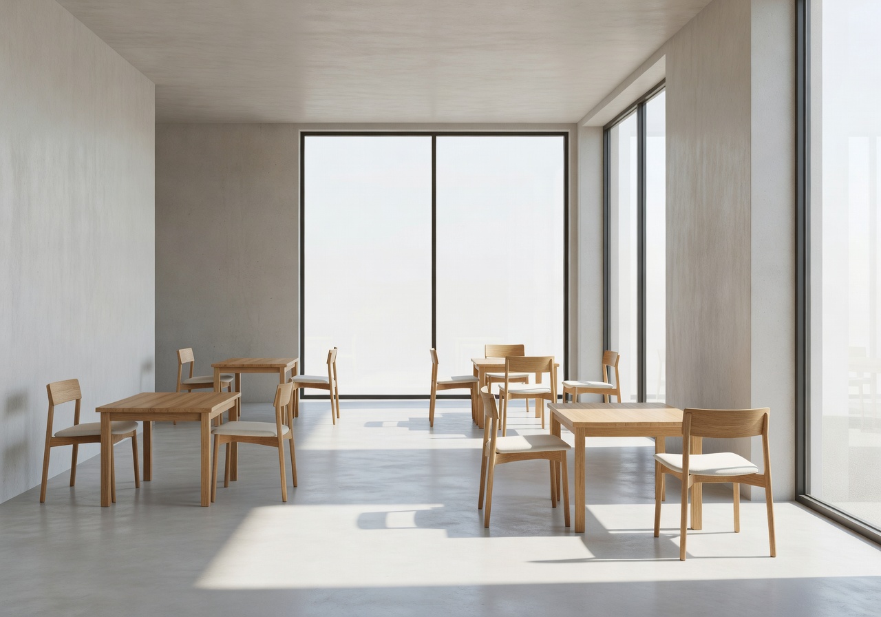 Modern minimalist cafe interior with large windows