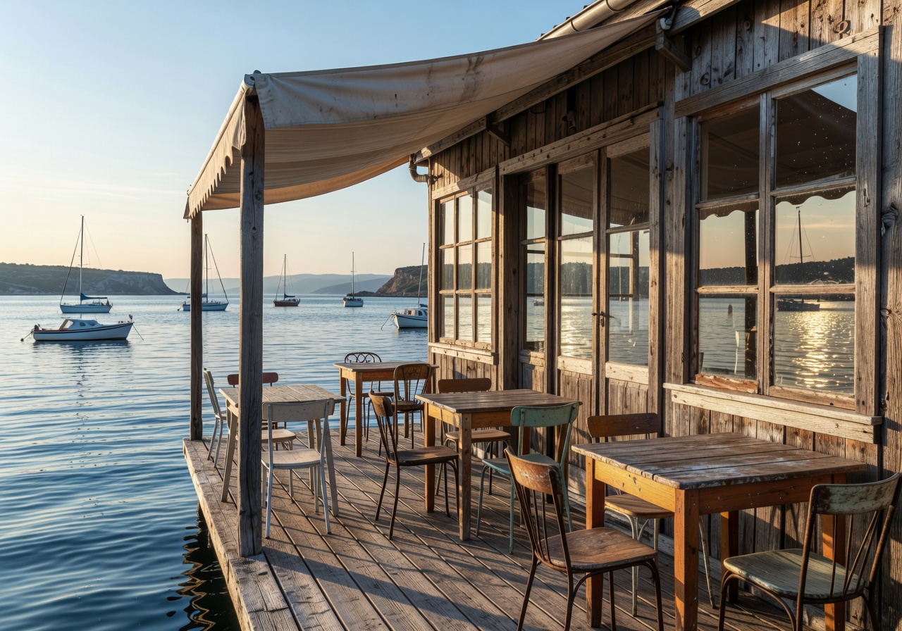 Cozy Waterfront cafe interior with warm lighting